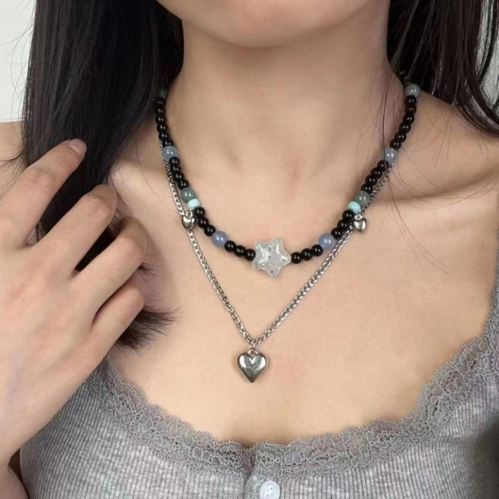 Двойные бусы из камня с подвеской-сердцем CJH50007