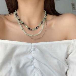 Тройные бусы из бисера и камней в пастельных тонах CJH50010