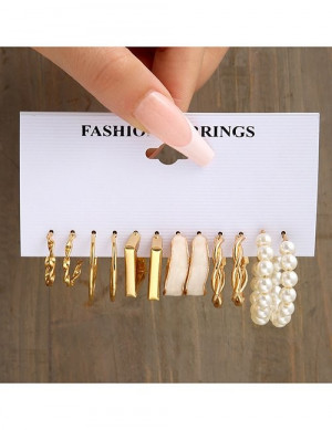 Набор золотистых серег конго с жемчужными нитями и текстурными кольцами Z05903 Набор золотистых серег конго с жемчужными нитями и текстурными кольцами Z05903