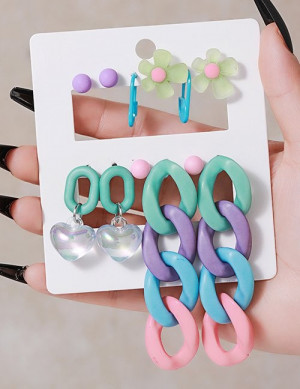 Набор массивных разноцветных серег с цветами сердцами и крупными цепями M13112