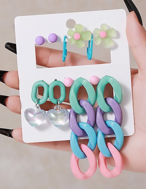 Набор массивных разноцветных серег с цветами сердцами и крупными цепями M13112 Набор массивных разноцветных серег с цветами сердцами и крупными цепями M13112