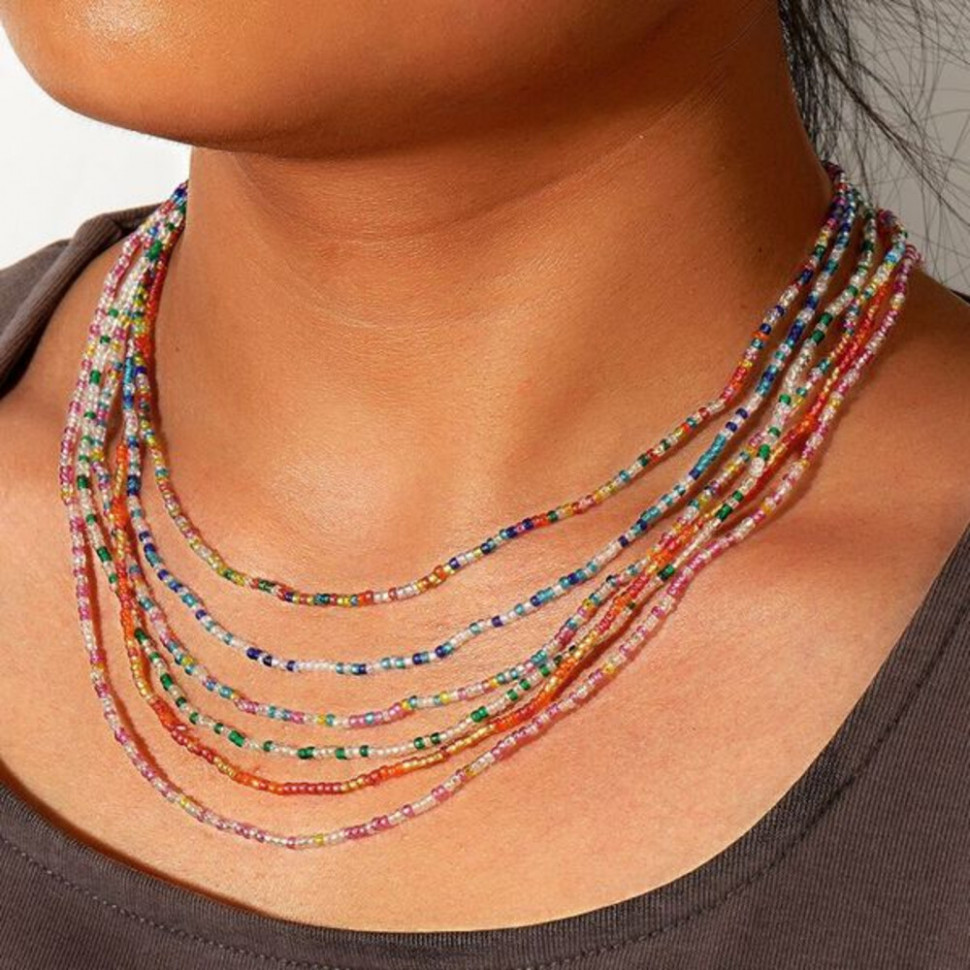 Тонкая бисерная цепочка насыщенного бирюзового цвета в этническом стиле CJH76531