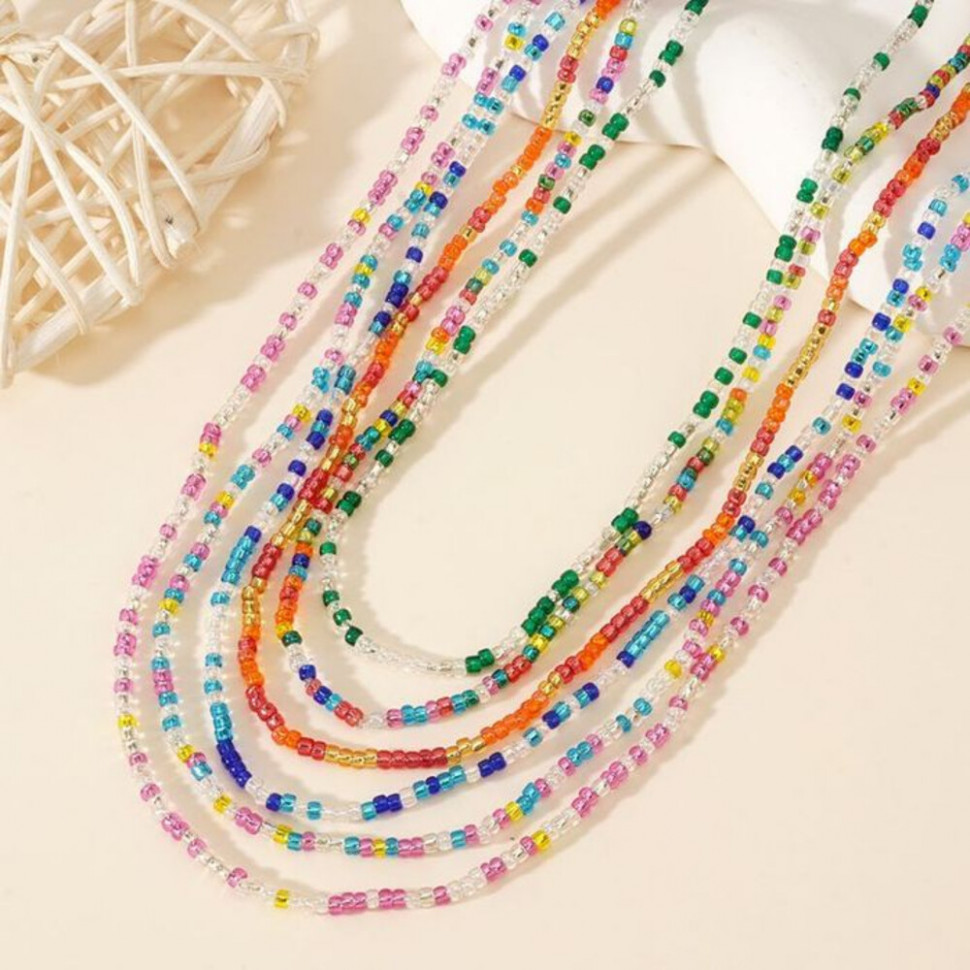 Тонкая бисерная цепочка насыщенного бирюзового цвета в этническом стиле CJH76531