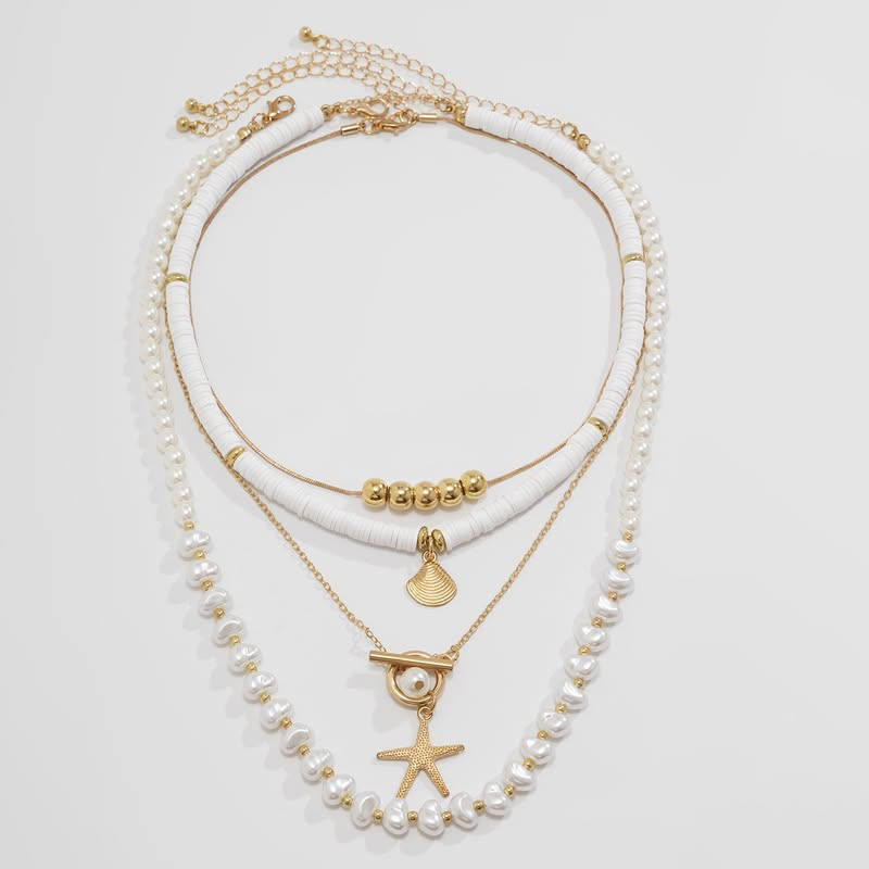 Многослойное колье из белого бисера с морской звездой 1J11651CJJ