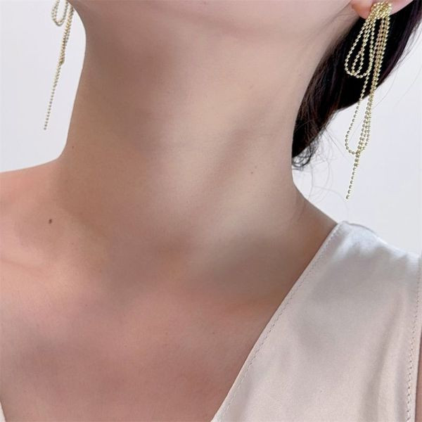 Длинные серьги пусеты с каскадом золотистых цепочек CJL47361 Длинные серьги пусеты с каскадом золотистых цепочек CJL47361