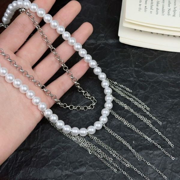 Жемчужное колье с каскадом тонких металлических цепей CJL19703