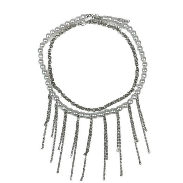 Жемчужное колье с каскадом тонких металлических цепей CJL19703