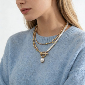 Многослойное колье из цепи и жемчужной нити с замком тогл CJT18805