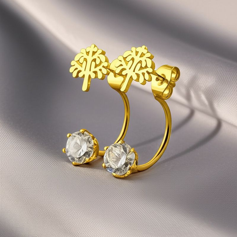 Золотистые стальные серьги-джекеты в форме деревьев с кристаллами 1J10347CJJ