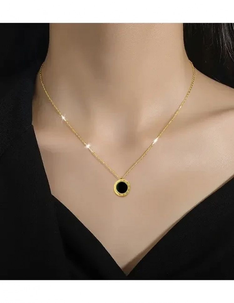 Стальная цепочка двусторонняя с напылением золотом кулон круглый с белой и черной вставкой и цифрами J10102CJJ Стальная цепочка двусторонняя с напылением золотом кулон круглый с белой и черной вставкой и цифрами J10102CJJ