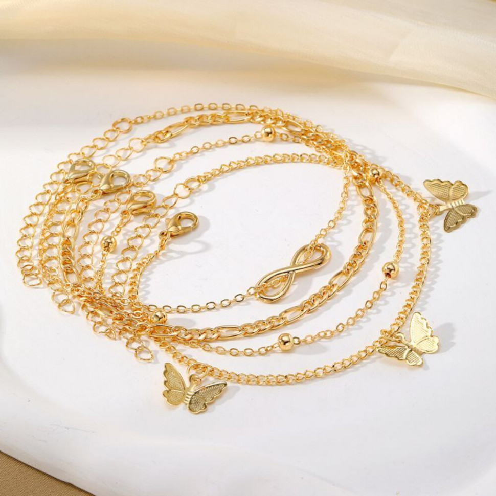 Браслет на ногу многослойный с бабочками CJH63225