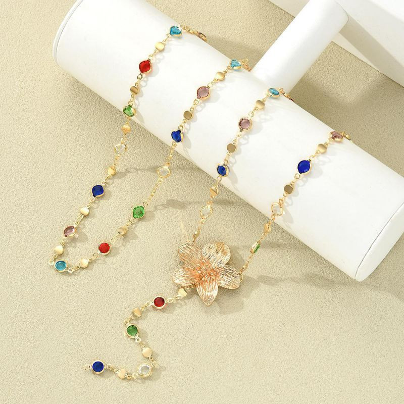 Многослойное колье-сотуар с разноцветными кристаллами и жемчугом CJR56085