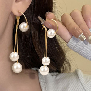 Длинные серьги с двойным жемчугом CJH56034 Длинные серьги с двойным жемчугом CJH56034