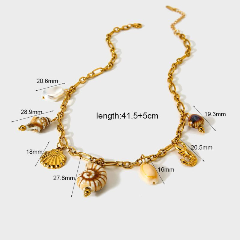 Золотистое колье в морском стиле с ракушками и цветами CJP80039 Золотистое колье в морском стиле с ракушками и цветами CJP80039