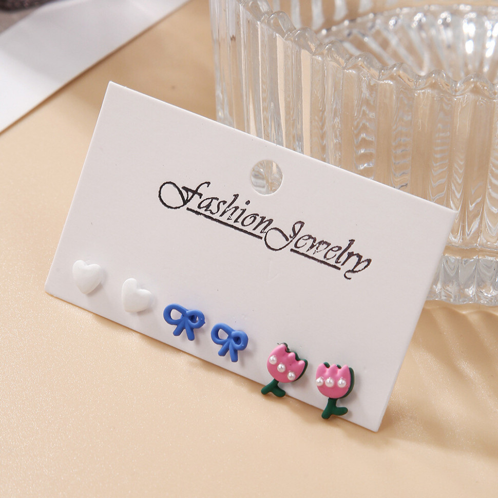 Набор детских пусет с розовыми тюльпанами синими бантами и белыми сердцами M12966