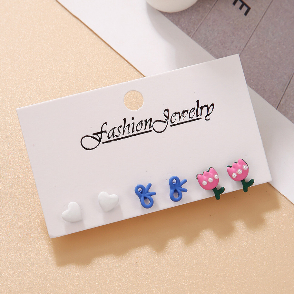 Набор детских пусет с розовыми тюльпанами синими бантами и белыми сердцами M12966