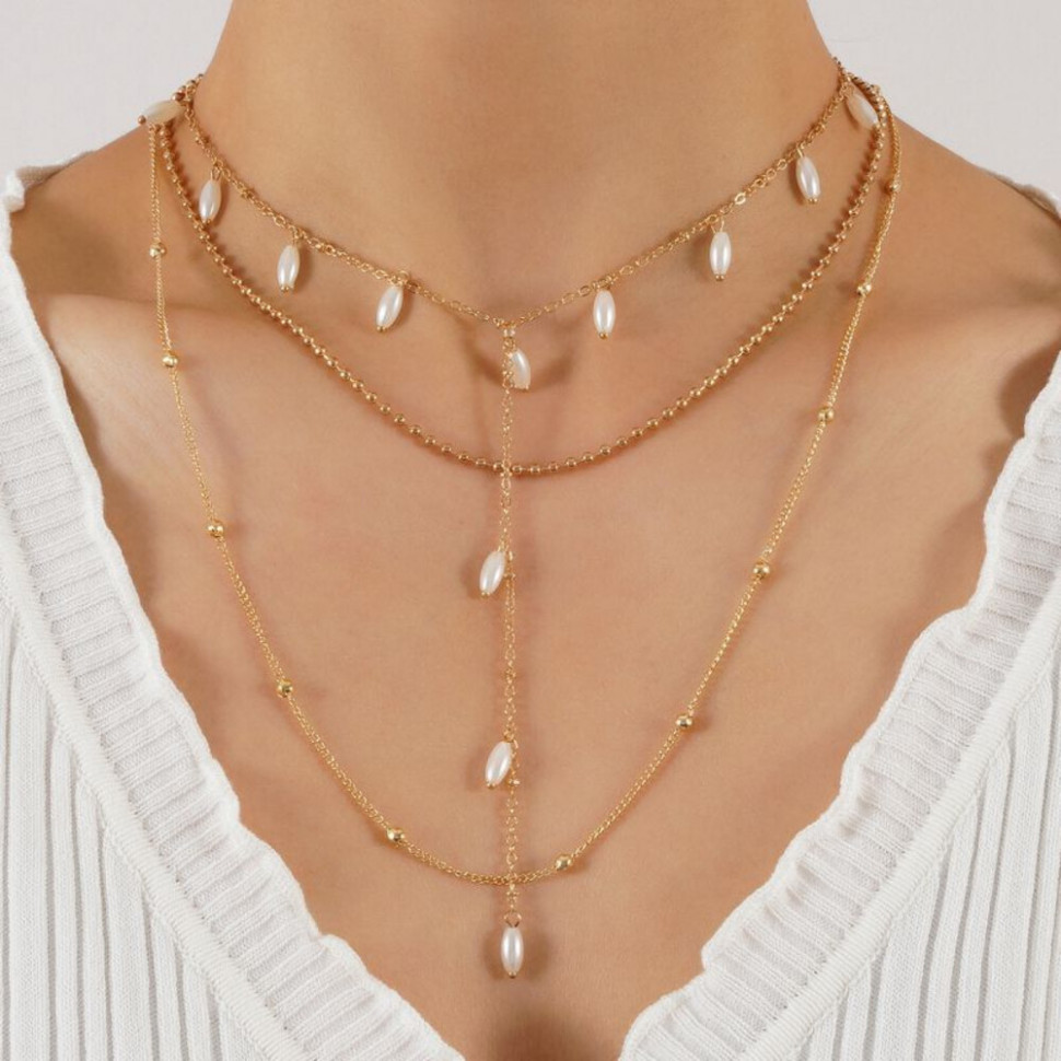 Многослойное золотистое Колье с жемчужными подвесками CJH77156 Многослойное золотистое Колье с жемчужными подвесками CJH77156