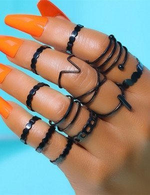 Черный сет колец в стиле гранж с цепями и крестами T85256