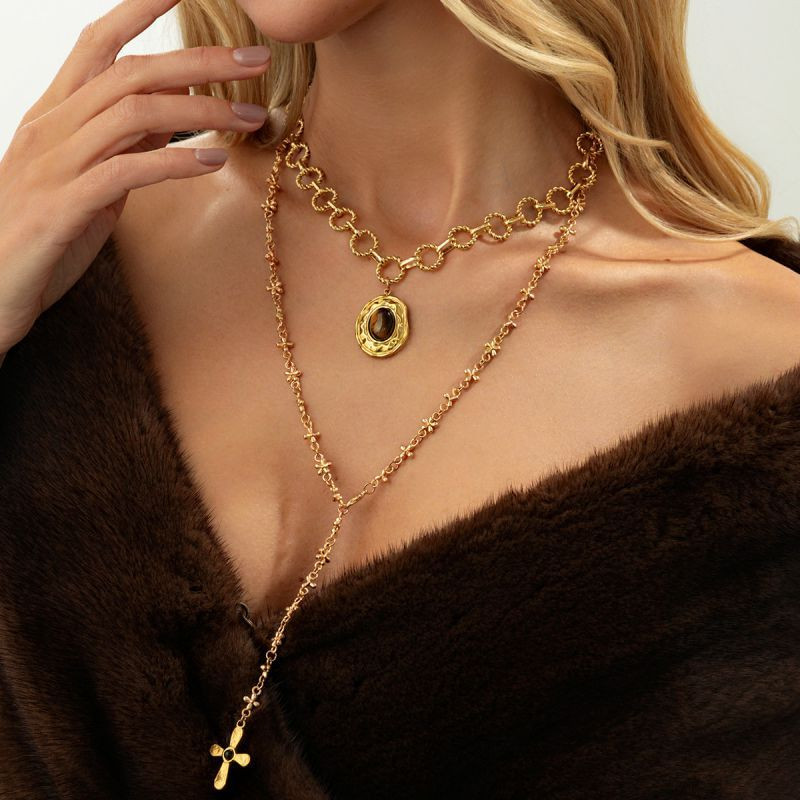 Длинное колье-галстук с монетой и крестом в винтажном стиле CJT03690