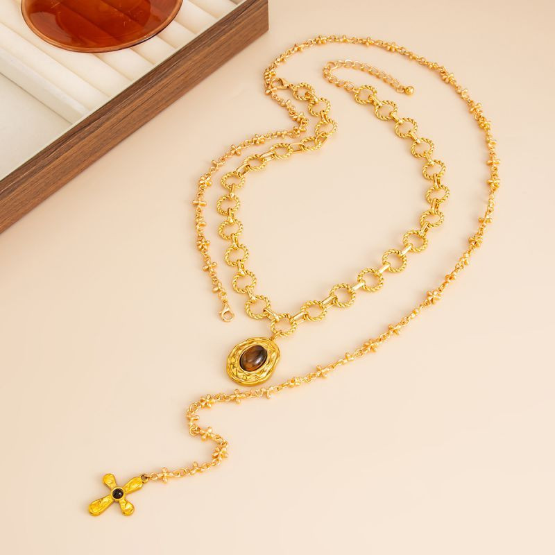 Длинное колье-галстук с монетой и крестом в винтажном стиле CJT03690