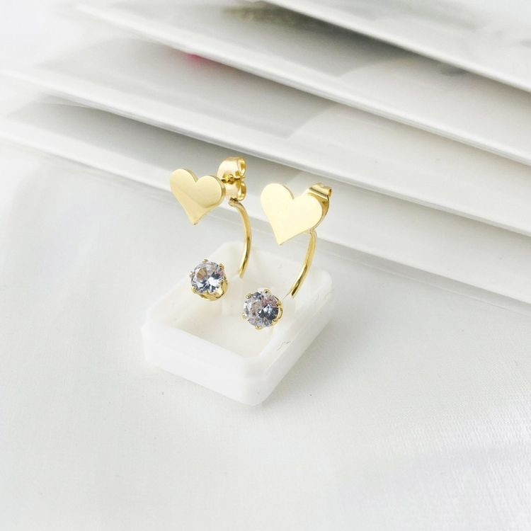 Золотистые серьги-джекеты со стальными сердцами и сияющими стразами 1J10352CJJ