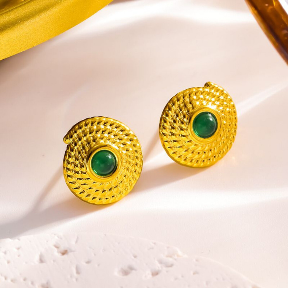 Золотистые круглые серьги с зеленым камнем CJJ08179 Золотистые круглые серьги с зеленым камнем CJJ08179