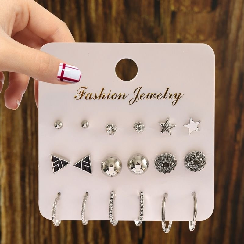 Большой набор серег пусет с геометрическими формами и кристаллами CJD62833