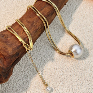 Золотистое колье-галстук с крупным жемчугом CJP52634 Золотистое колье-галстук с крупным жемчугом CJP52634