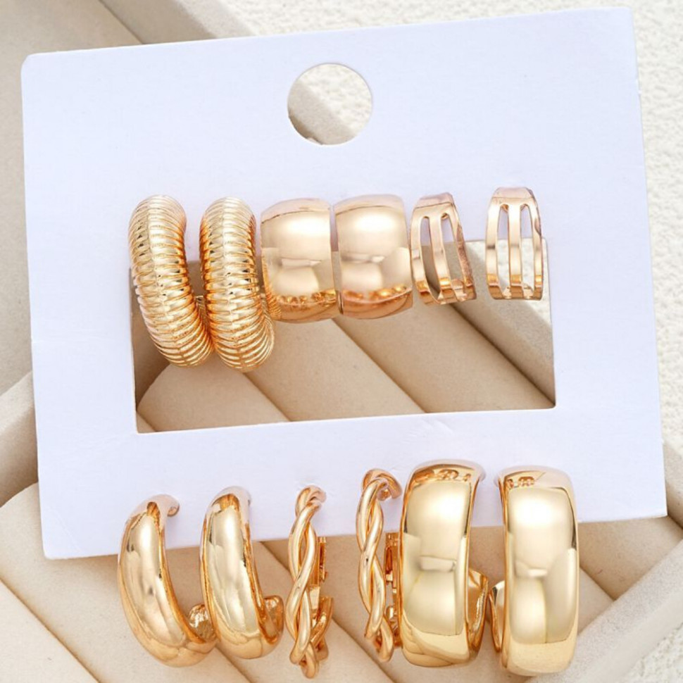 Большой сет золотистых серег конго с витым дизайном и широкими кольцами CJH65242