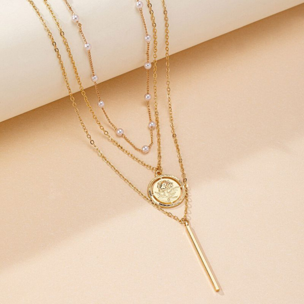 Четырехслойное колье с античной монетой и подвеской-иглой CJH24235