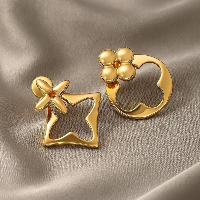 Серьги-гвоздики асимметричные фигуры с цветами 1J11996CJJ