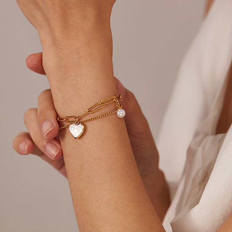 Браслет двухрядный с перламутровым сердцем и жемчугом CJL81722