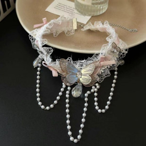 Ажурный кружевной чокер с жемчужными нитями и бабочкой CJG57236