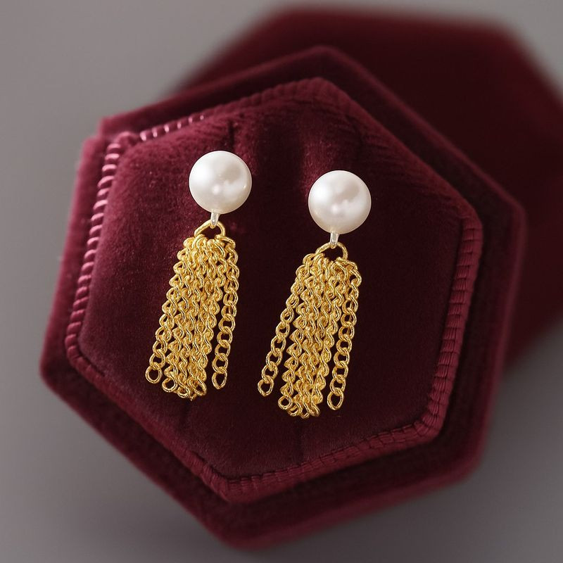 Серьги-пусеты с жемчугом и кистями из цепей 1J12099CJJ Серьги-пусеты с жемчугом и кистями из цепей 1J12099CJJ