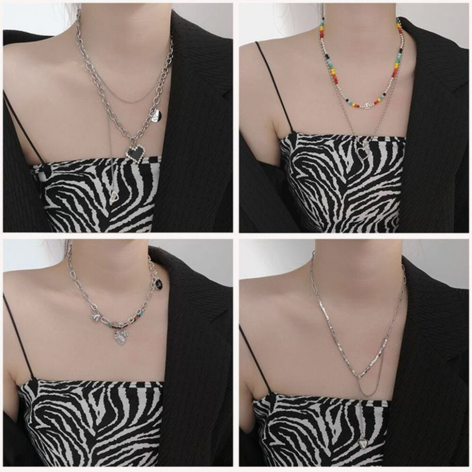 Массивное колье-галстук с черным сердцем и цепями CJH55655 Массивное колье-галстук с черным сердцем и цепями CJH55655