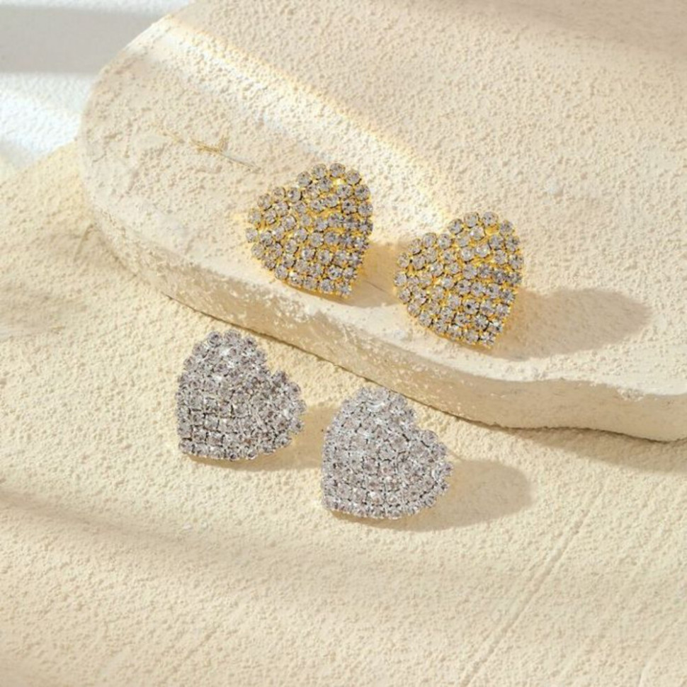 Серьги-гвоздики Золотые сердца со стразами CJ01749