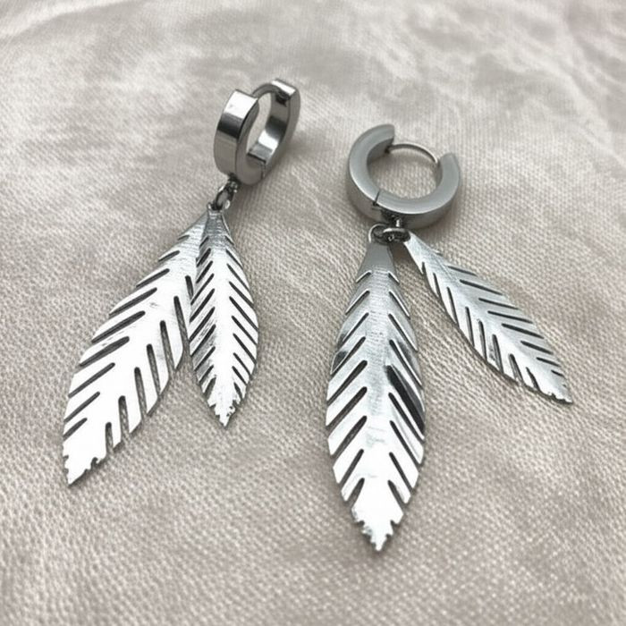 Стальные серьги-кольца с подвесками-перьями J10210CJJ