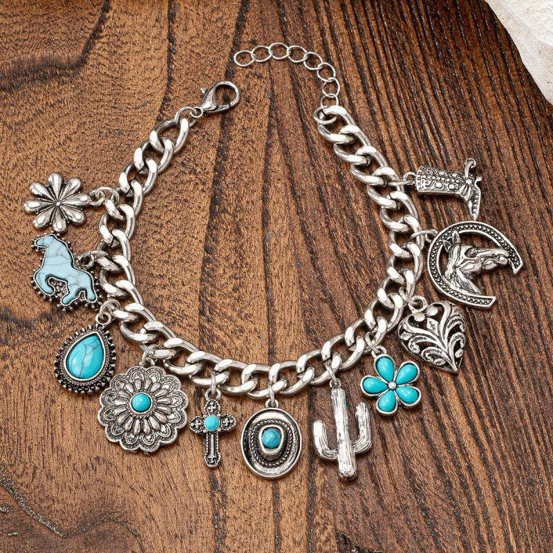 Браслет цепочка с бирюзовыми вставками и подвесками CJT19618 Браслет цепочка с бирюзовыми вставками и подвесками CJT19618