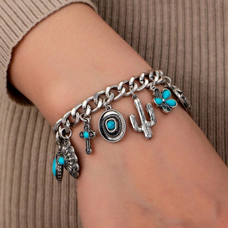 Браслет цепочка с бирюзовыми вставками и подвесками CJT19618 Браслет цепочка с бирюзовыми вставками и подвесками CJT19618