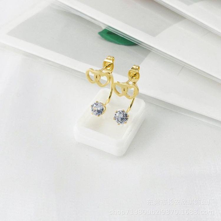 Золотистые серьги-джекеты из стали с двойными сердцами и фианитами 1J10358CJJ