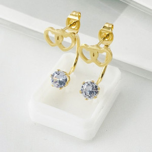 Золотистые серьги-джекеты из стали с двойными сердцами и фианитами 1J10358CJJ