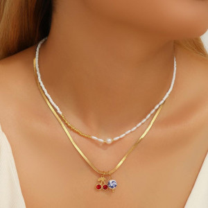 Двухслойное колье из жемчужной нити и цепи с камнями CJP80758