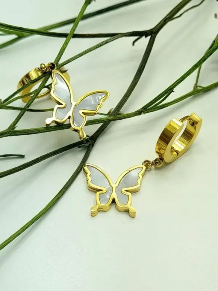 Золотистые серьги-кольца с крупными подвесками-бабочками J10228CJJ