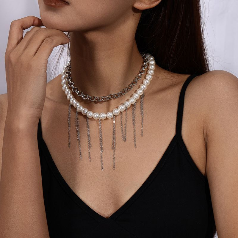 Жемчужный чокер с ниспадающими цепочками в стиле бахромы CJL77873