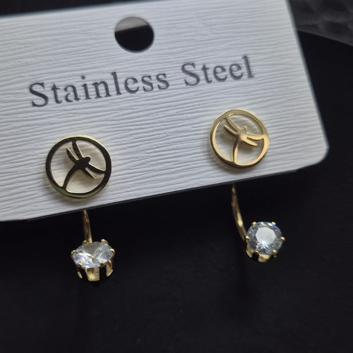 Серебристые стальные серьги-джекеты с символом штурвала и стразами 1J10360CJJ