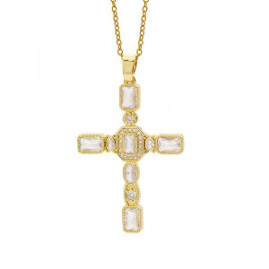Золото-белое колье из титановой стали с крестом и цирконом ASUZ56436