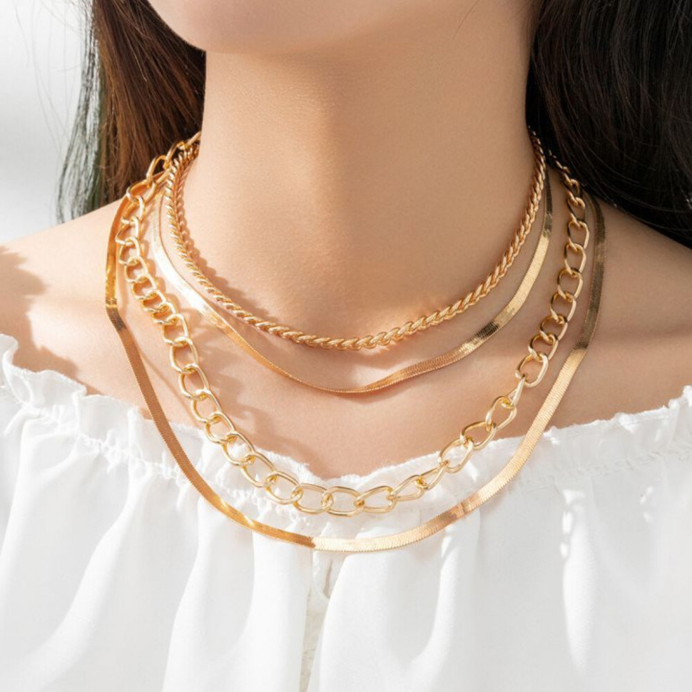 Многослойное золотистое колье из плоских цепей CJH77185