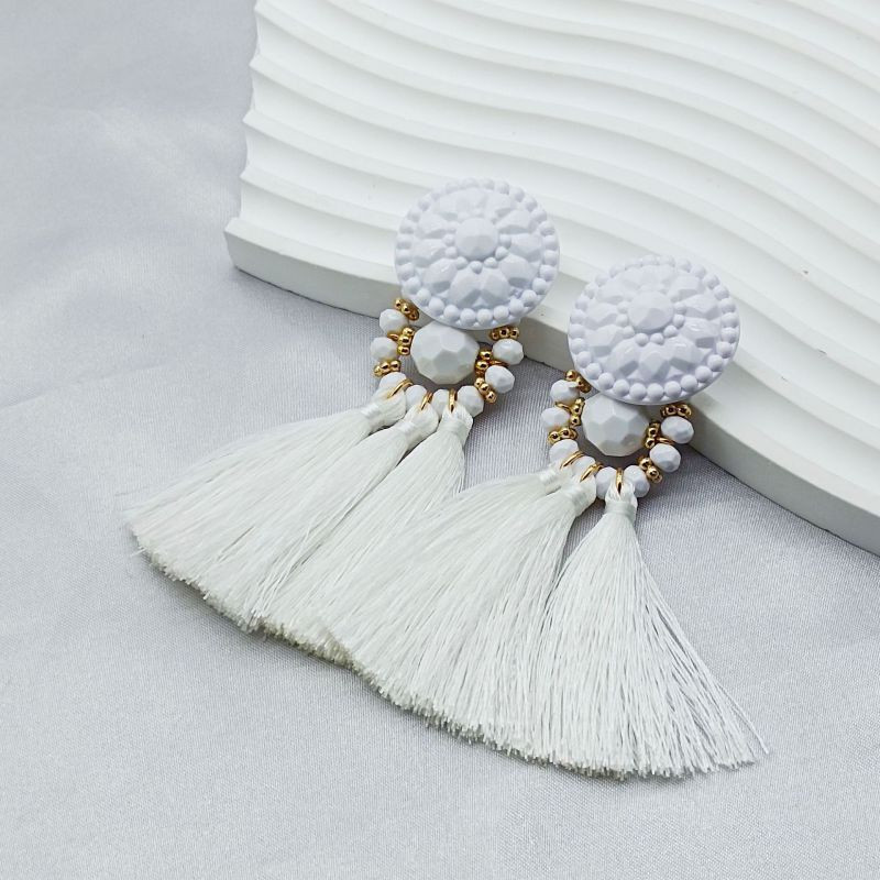 Массивные серьги пусеты с зелеными текстильными кистями CJL85056