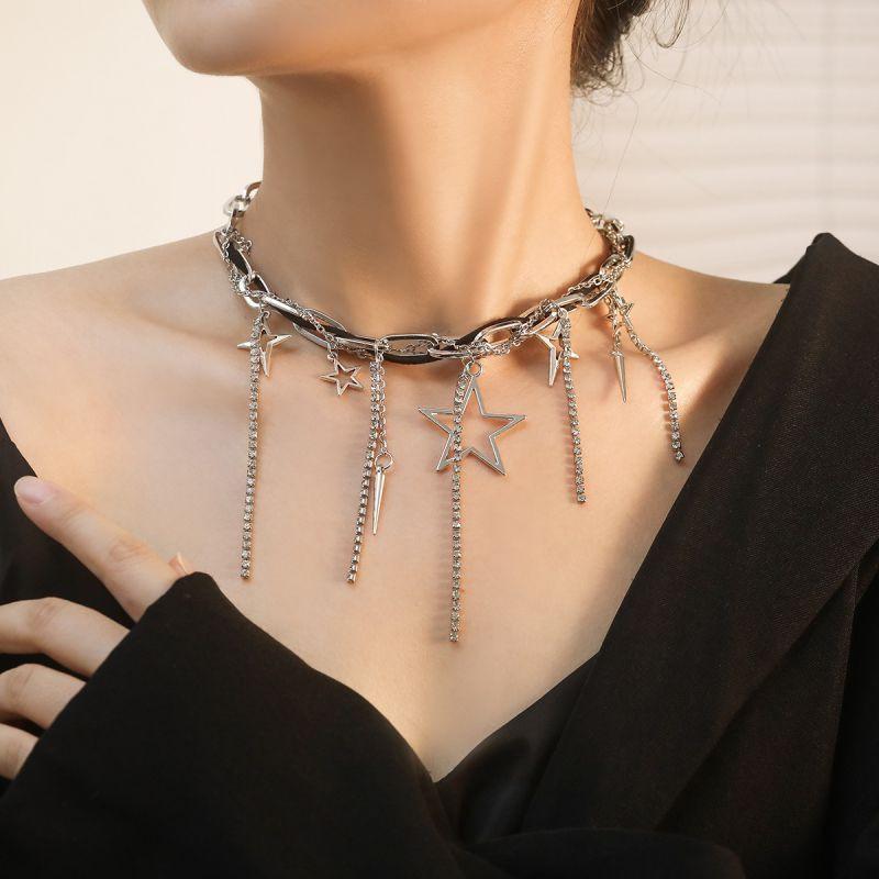 Серебристое колье из кованых колец с каскадом цепочек CJM16873 Серебристое колье из кованых колец с каскадом цепочек CJM16873