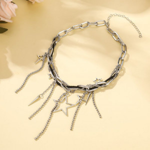 Серебристое колье из кованых колец с каскадом цепочек CJM16873